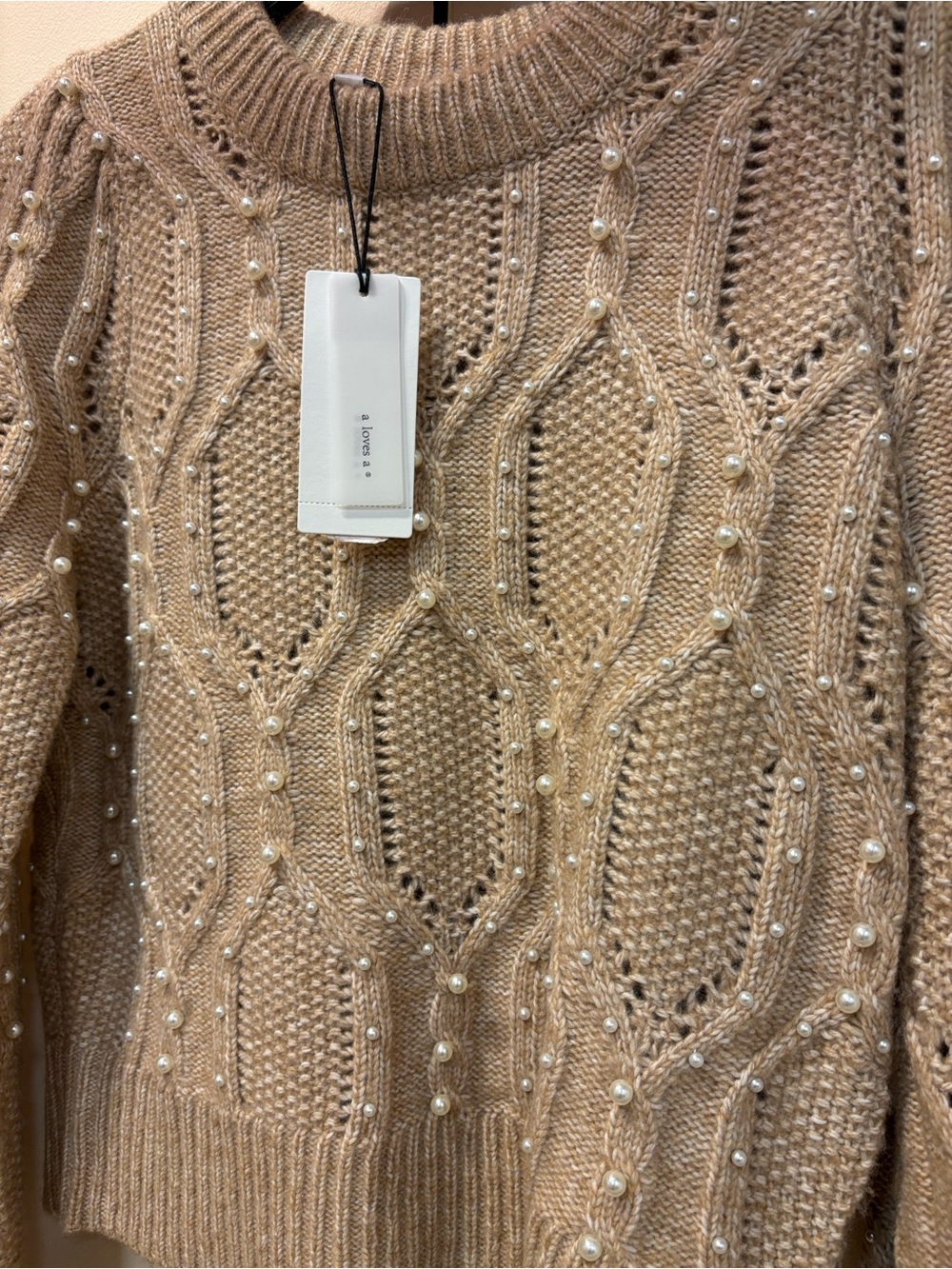 a loves a Beige Pearl-Embellished Cable Knit Sweater - Women